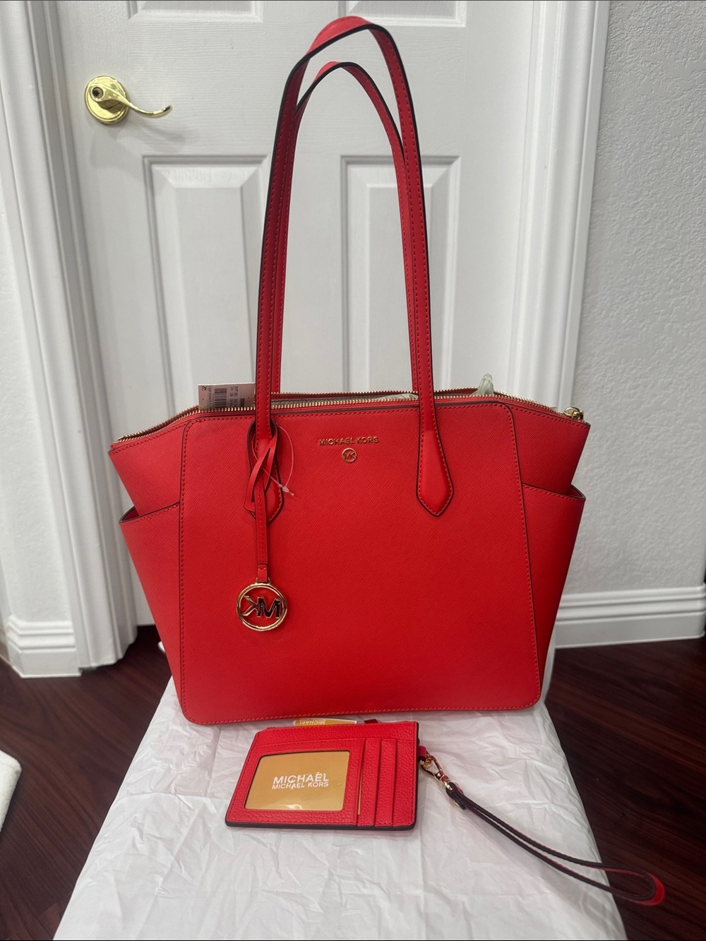 Michael Kors Red Saffiano Tote with Matching Cardholder